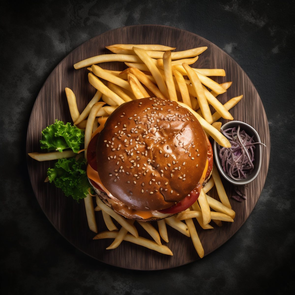 Burger with french fries aerial