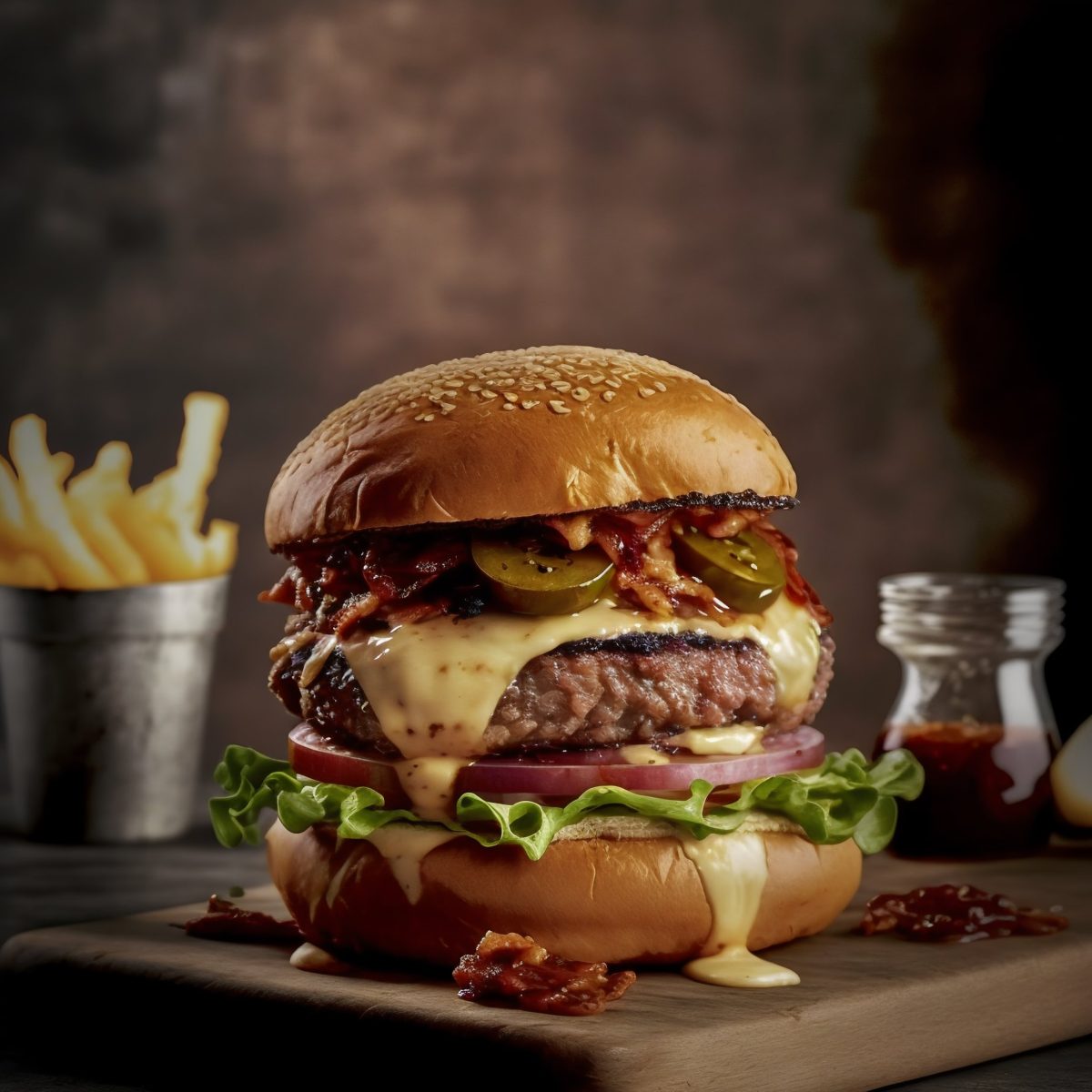 Juicy beef burger with cheese and bacon