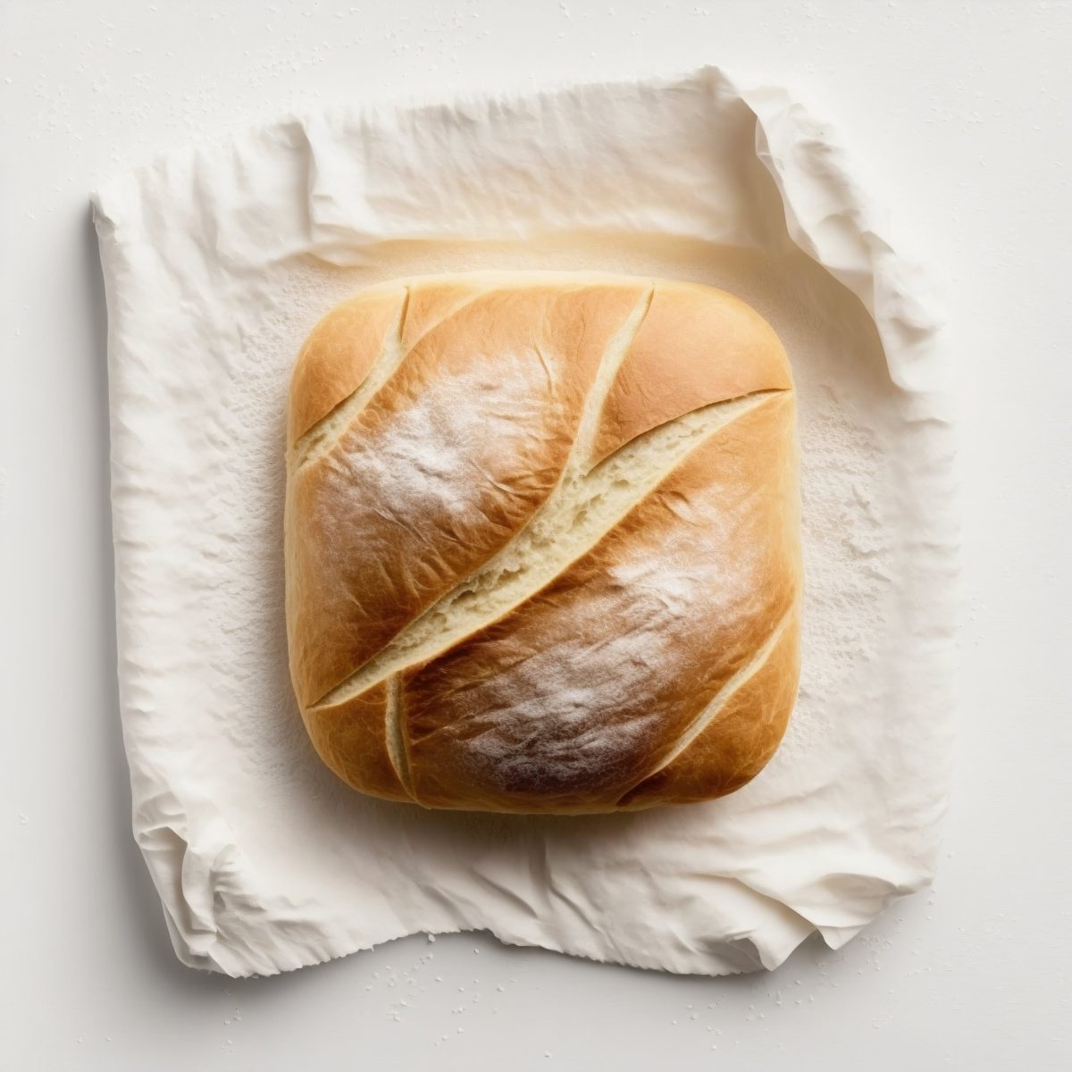 Loaf of sourdough bread on a white linen