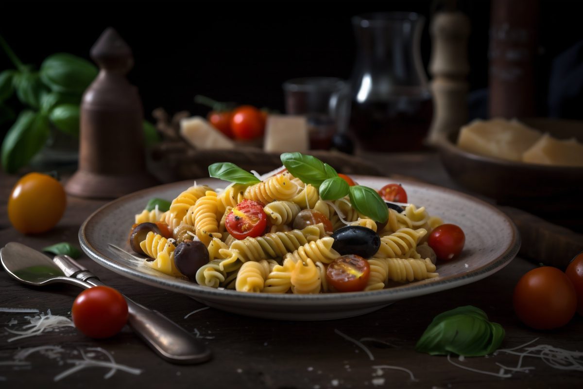 Pasta fusilli with fresh black olives and tomatoes