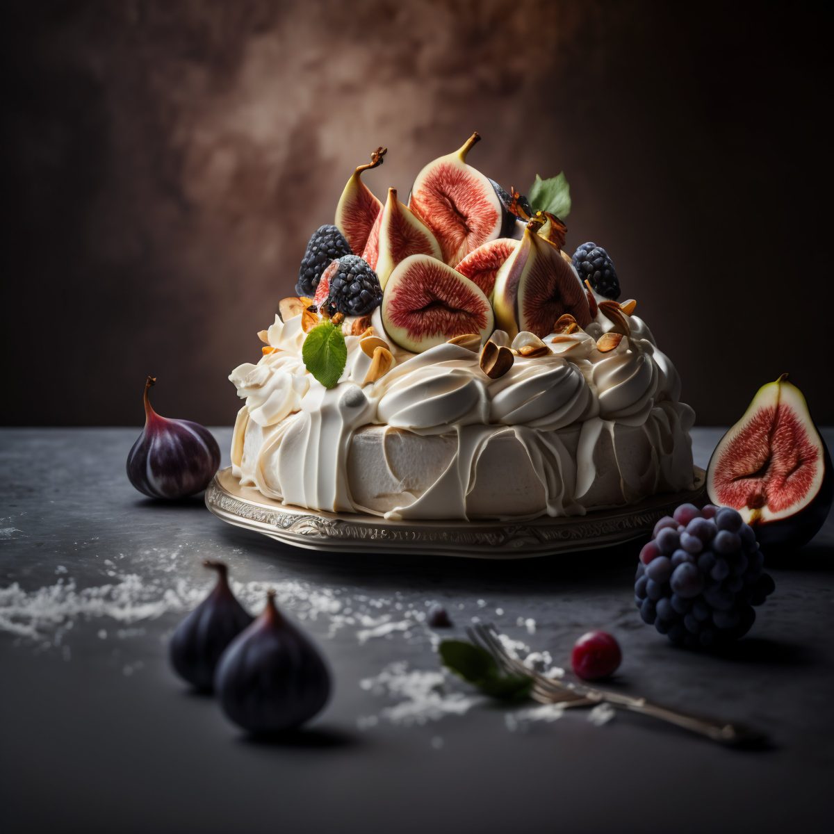 Pavlova cake with figs
