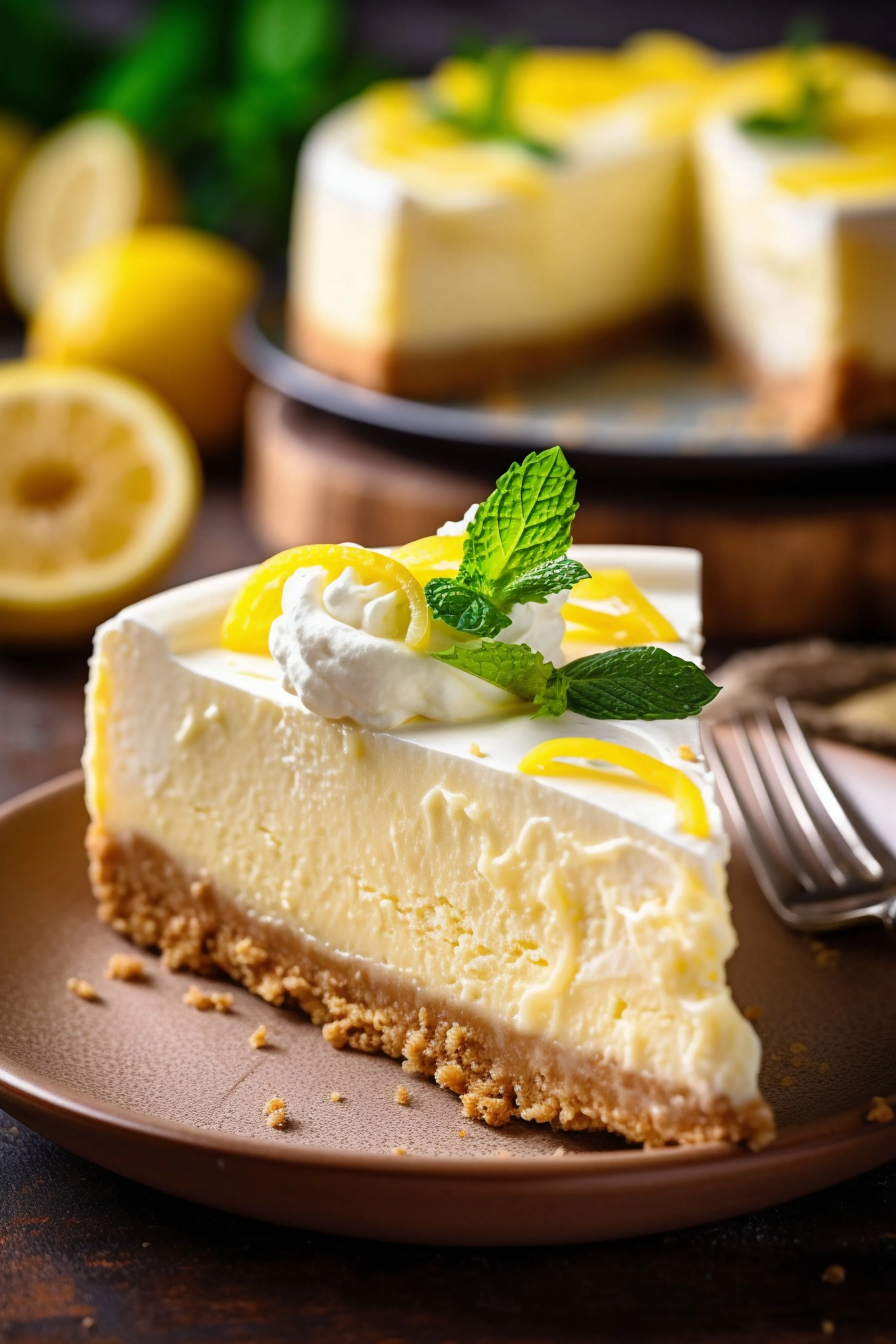 Refreshing Lemon Cheesecake Slice with Mint Garnish