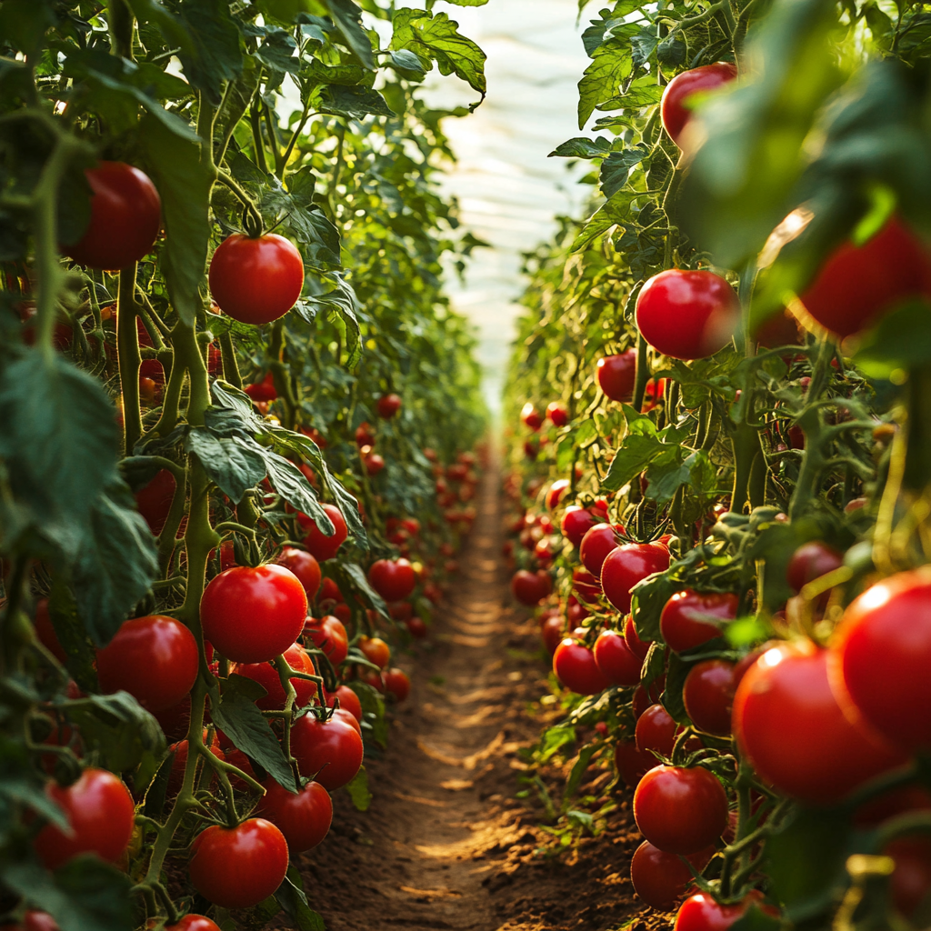 Fresh Ripe Tomatoes in a Lush Greenhouse