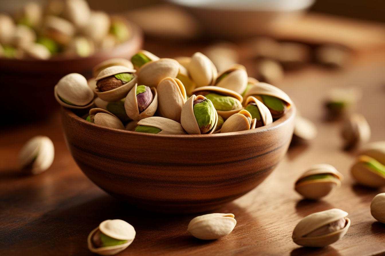 Pile of Delicious Pistachios in a Wooden Bowl